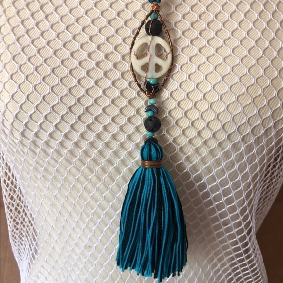 Handmade Adjustable Peace Necklace with Lava Stones Diffuser and Tassels - Picture 3 of 6